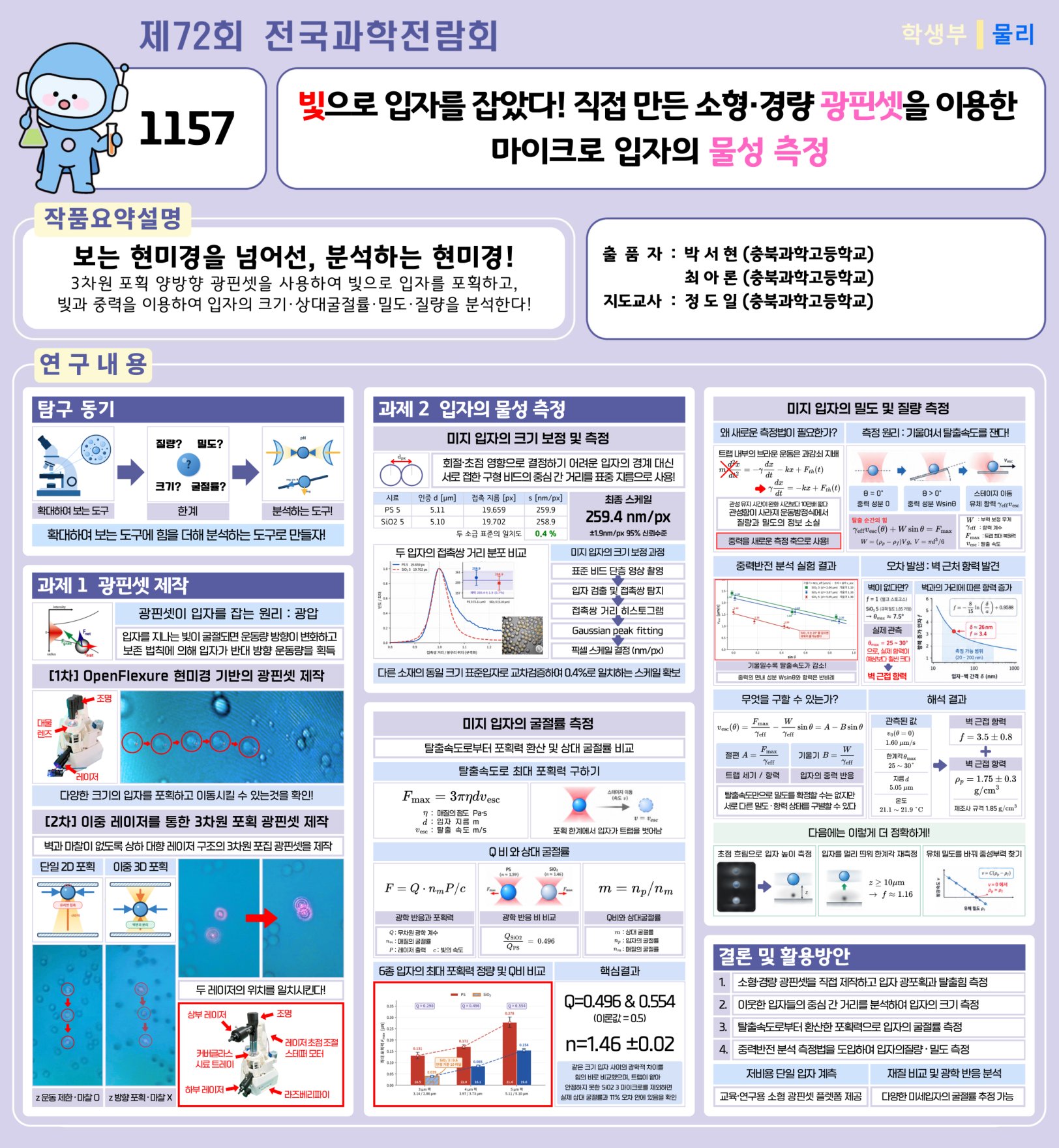 제72회 전국과학전람회 1157 전시 차트: 빛으로 입자를 잡았다! 직접 만든 소형·경량 광핀셋을 이용한 마이크로 입자의 물성 측정